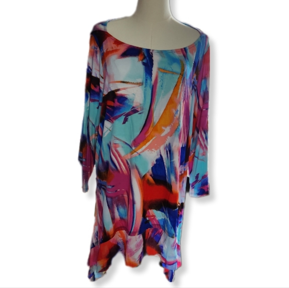 Cupio Woman Colorful Abstract Print 3/4 Sleeves Tunic/Dress 1X W-966